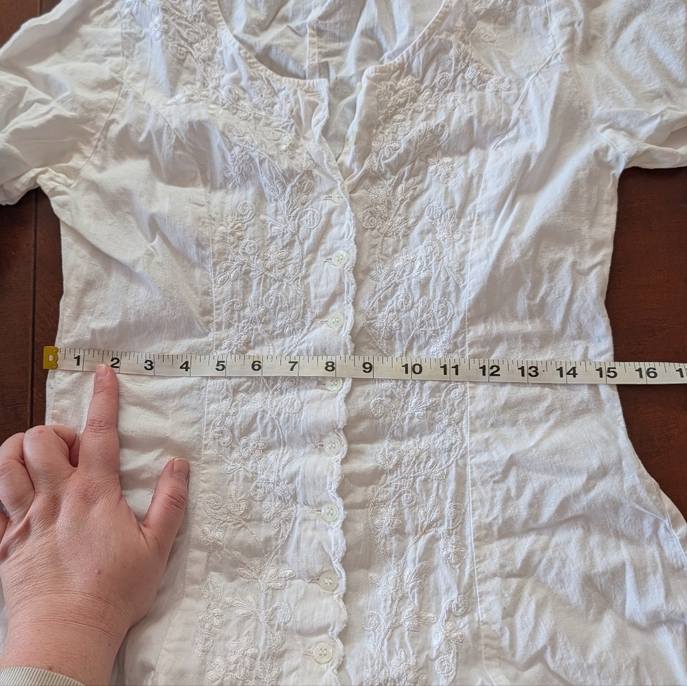 Vintage 90s Styleworks White 100% Cotton Embroidered Detail Button Front Dress 6 - Picture 11 of 11
